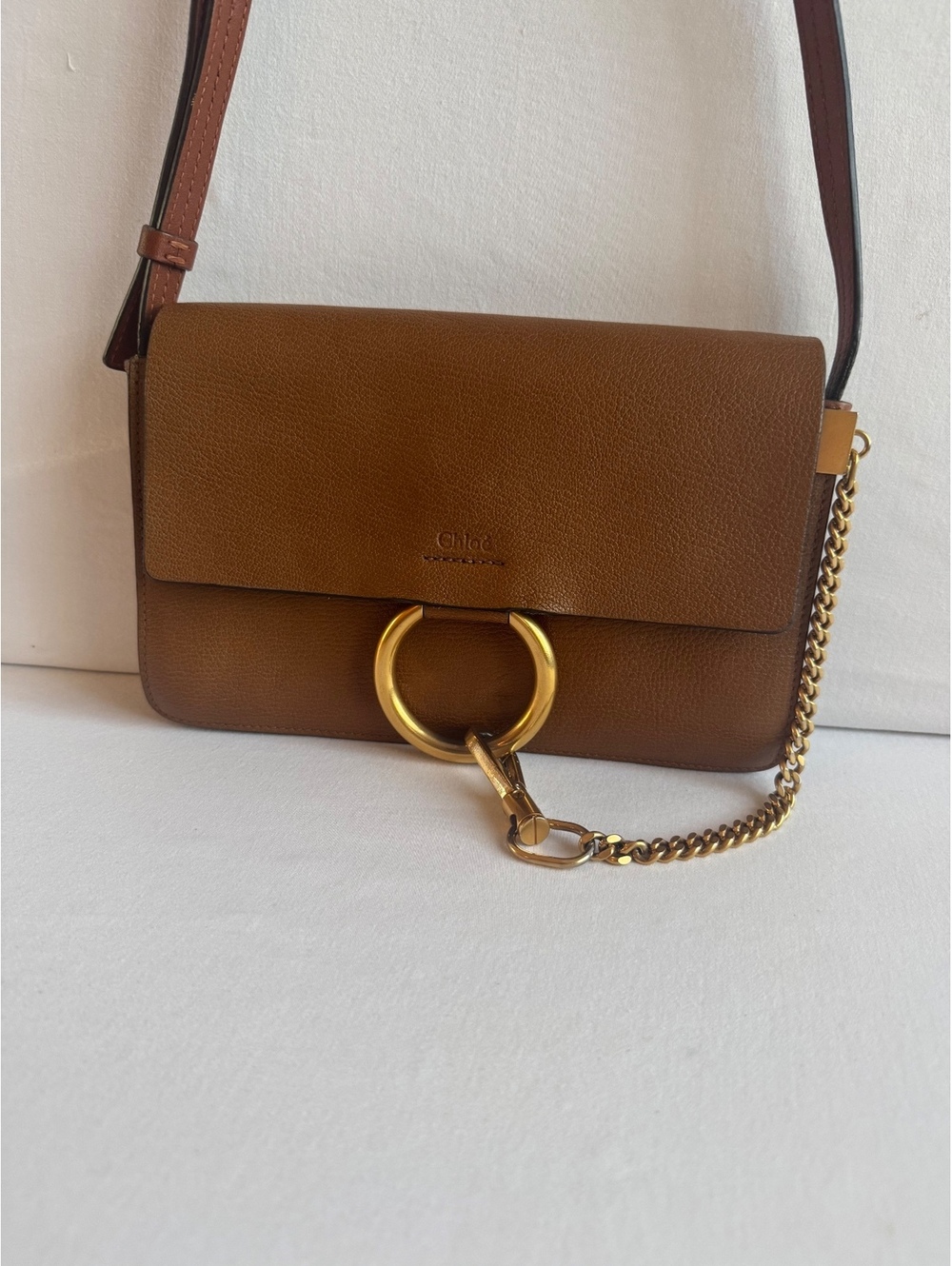 Authentic Chloé Faye Small Crossbody Bag Brown Grained Leather Gold Ring COA